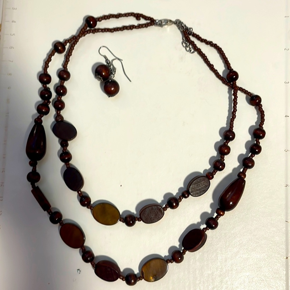 Wooden bead necklace and earrings